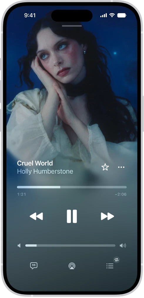 Apple Music Now Playing screen with album artwork, track information and playback controls.