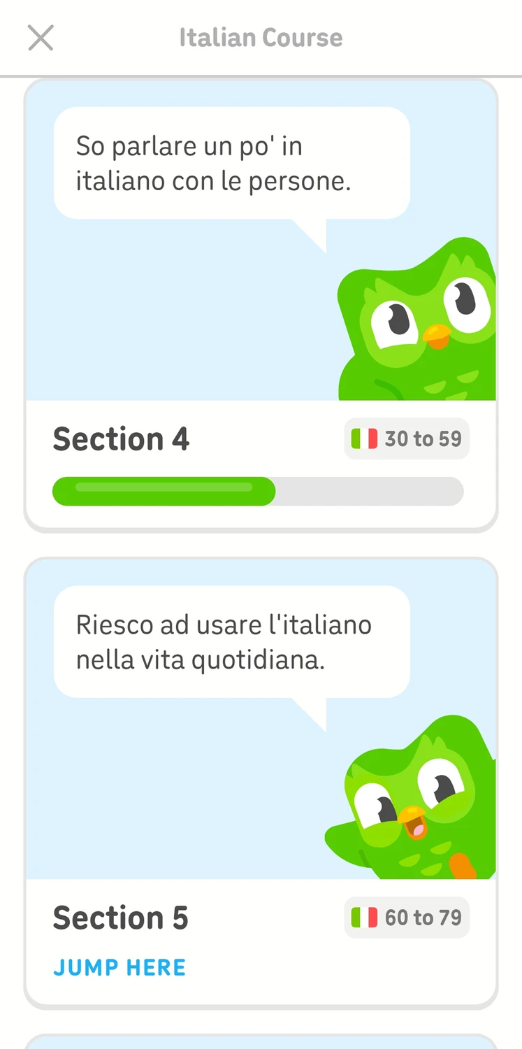 Duolingo Italian course section menu showing current-section progress and upcoming sections.
