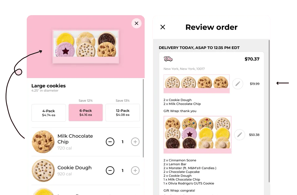 Keep the user’s creation present through checkout — Crumbl interface example