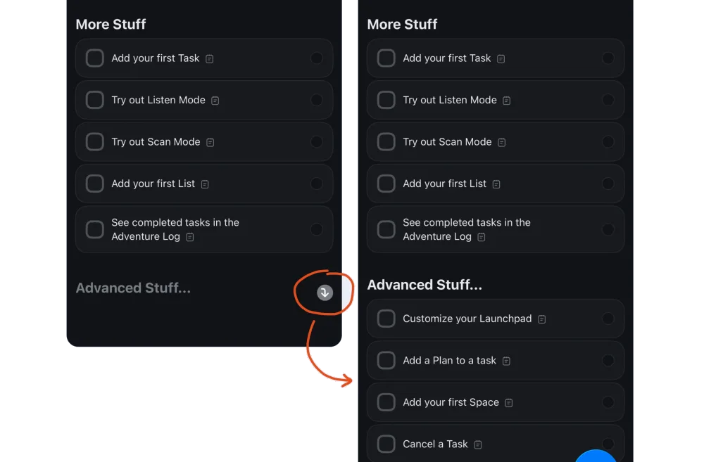 Keep advanced capabilities available without front-loading them — Stuff interface example