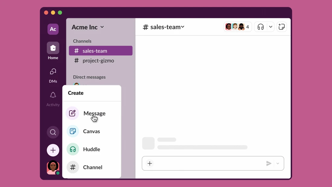 Slack create menu opening from the navigation area with common creation actions.