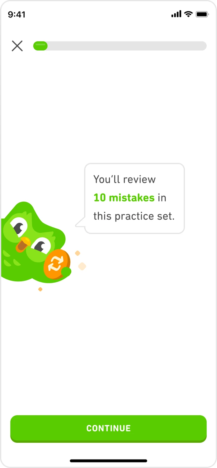 Duolingo mistake-review introduction stating that the learner will review ten mistakes.