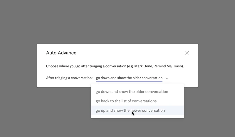 Superhuman Auto-Advance settings showing choices for the next conversation.