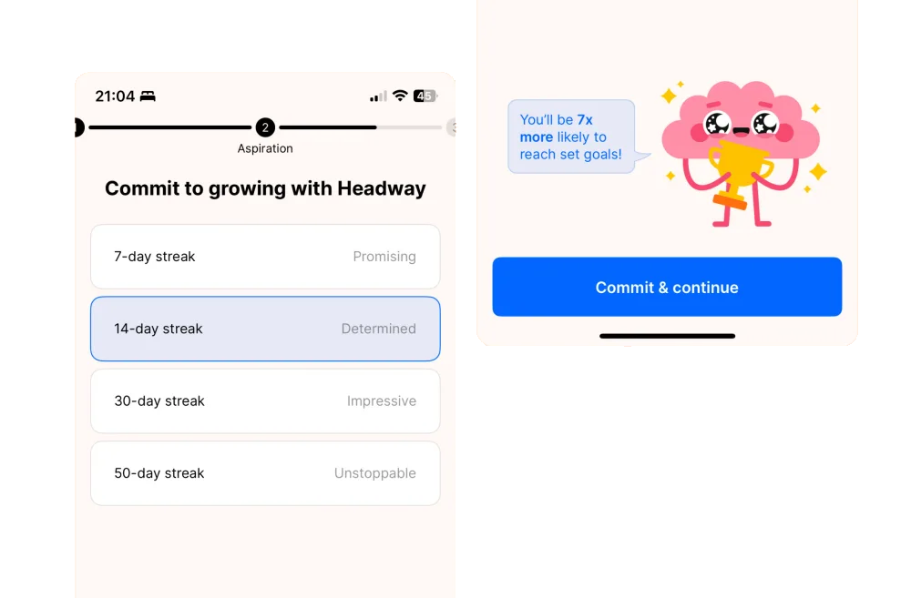 Connect initial enthusiasm to a concrete routine — Headway interface example