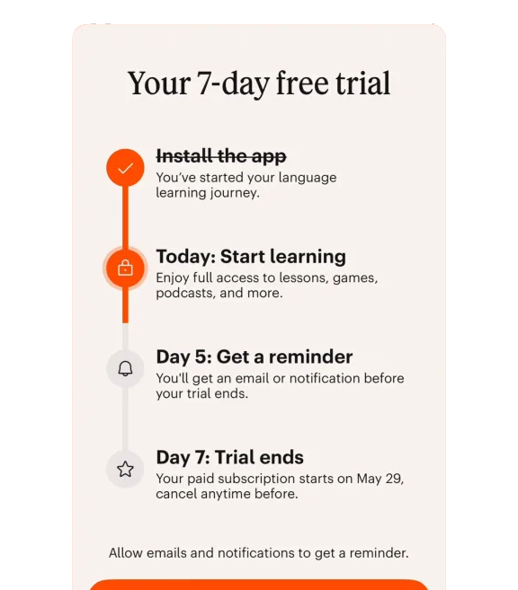 Recognise work that has genuinely happened — Babbel interface example
