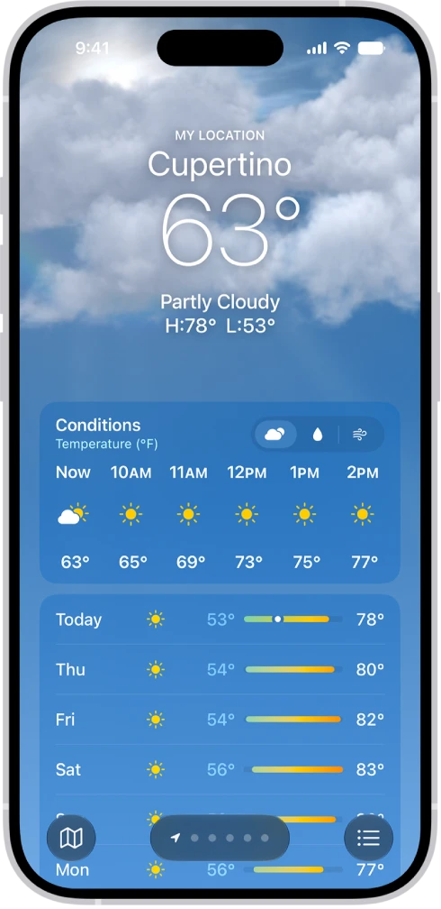 Apple Weather screen with separate panels for hourly and ten-day forecasts.