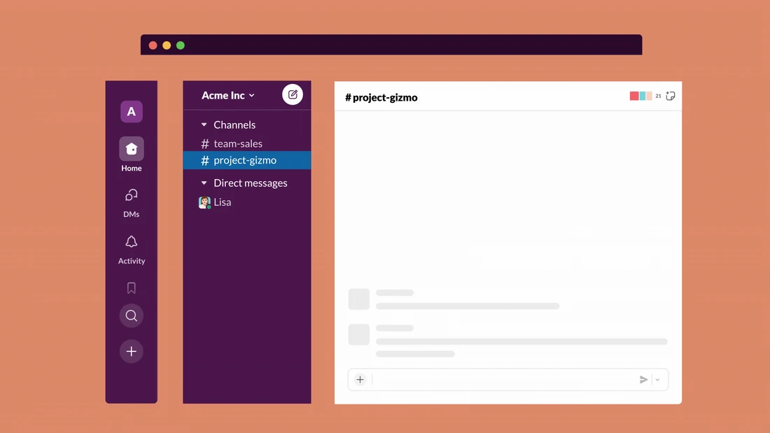 Slack Home walkthrough showing spacing between Channels and Direct messages in the sidebar.