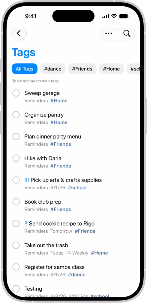 Apple Reminders tagged list with similarly shaped tag-filter buttons along the top.