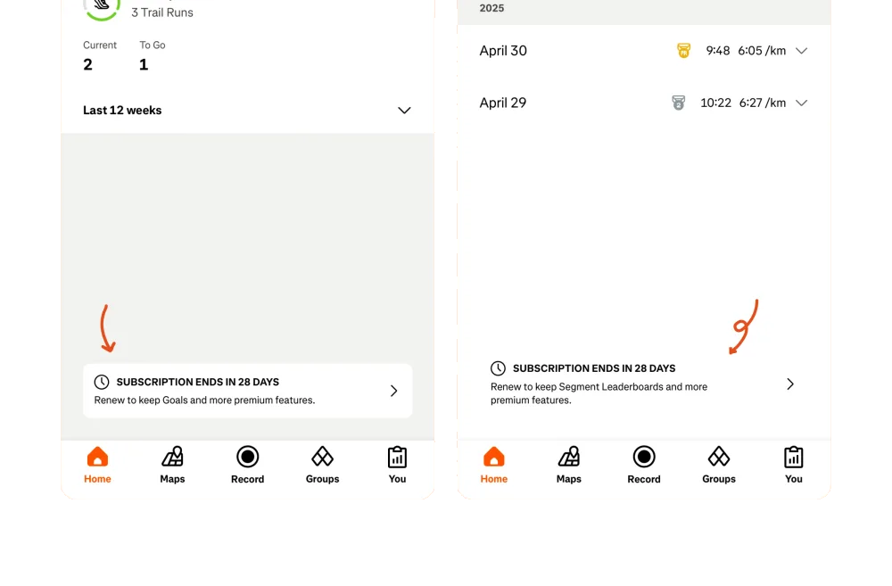 Describe the specific change in access — Strava interface example