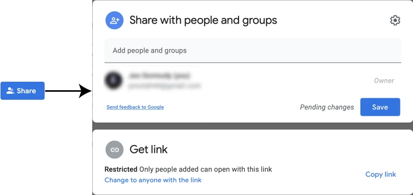 Google Drive sharing dialog showing collaborators, permission controls and a link-sharing section.