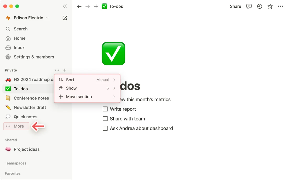 Notion sidebar section settings used to customise the organisation of workspace navigation.