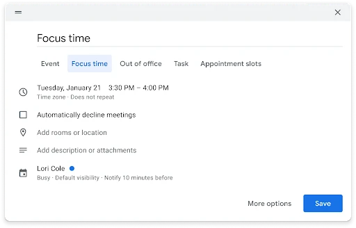 Google Calendar event editor with Focus time selected and a bounded time interval.