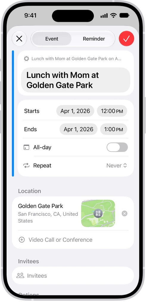 Apple Calendar new-event card showing a title and structured event details for review.