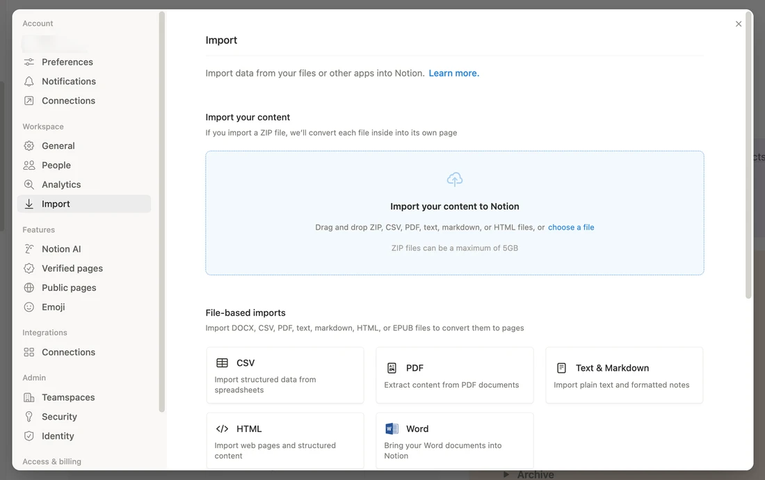Notion import interface offering supported content sources and file formats.