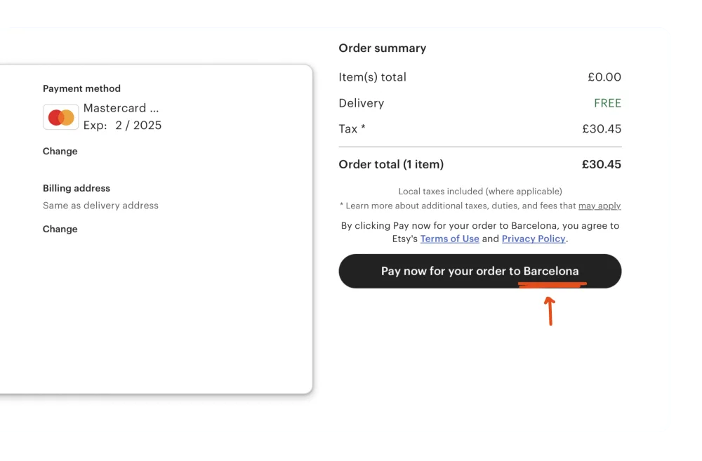 Confirm the destination in the action — Etsy interface example
