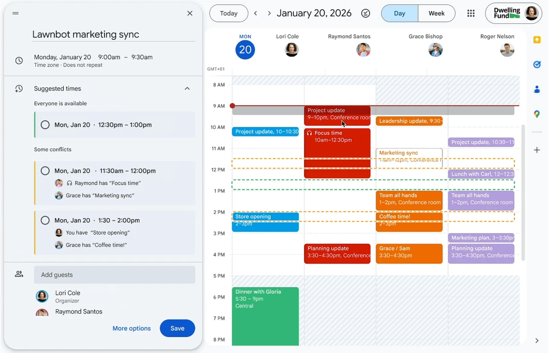 Google Calendar suggested meeting times interface showing candidate slots for attendees.