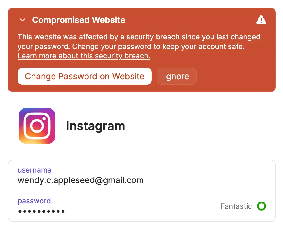1Password item details with a distinct warning about a compromised website.
