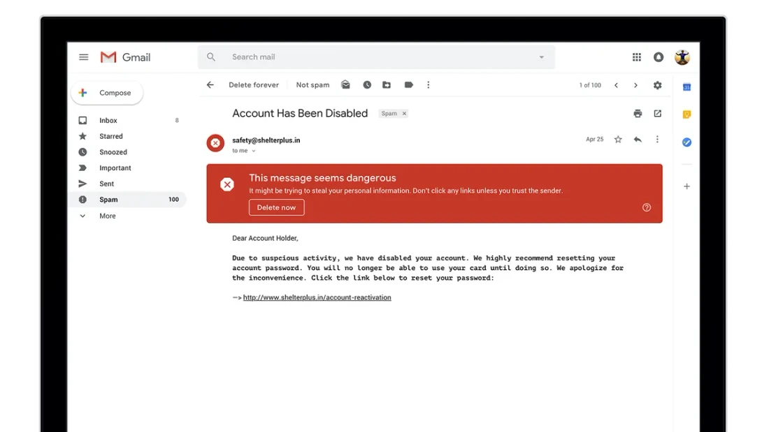 Published Gmail interface example showing a prominent warning above a potentially risky email.