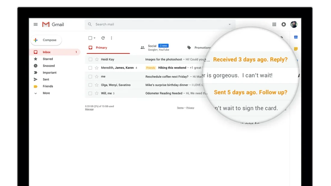 Published Gmail inbox example with a follow-up nudge beside an email conversation.